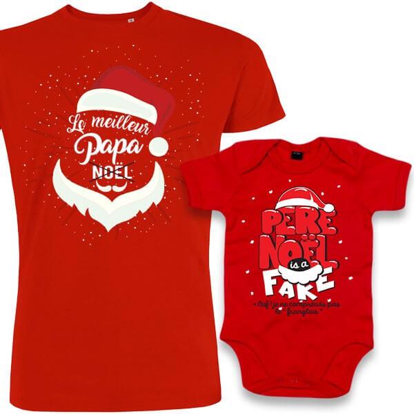 Idée cadeau Noël pour papa : duo t shirt original papa bébé Noël