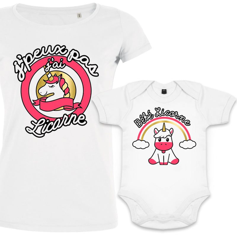 Idee cadeau maman T shirt licorne et body bebe licorne assortis PETITDEMON